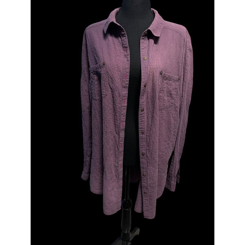 FREE PEOPLE Womens MEDIUM Textured Purple Button-Up Shirt With Pockets BEACH REL